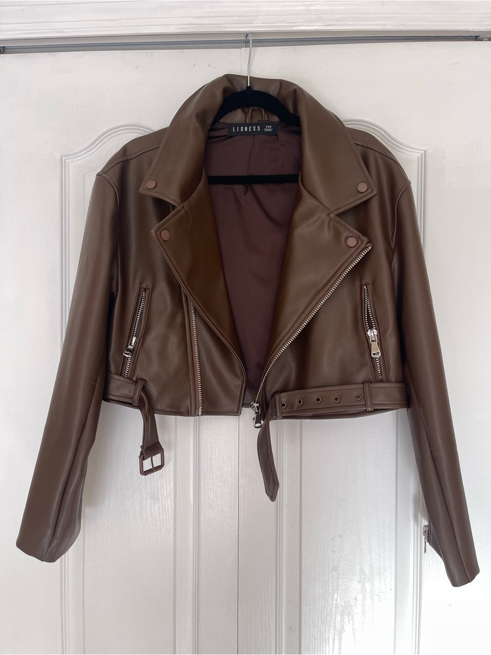 Princess Polly oversized chocolate brown faux leather cropped biker jacket
